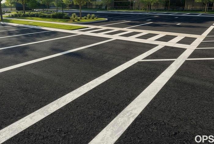 Commercial property with organized striping and directional markings